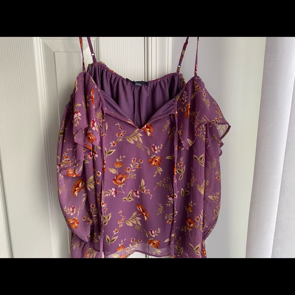 purple off the shoulder floral blouse